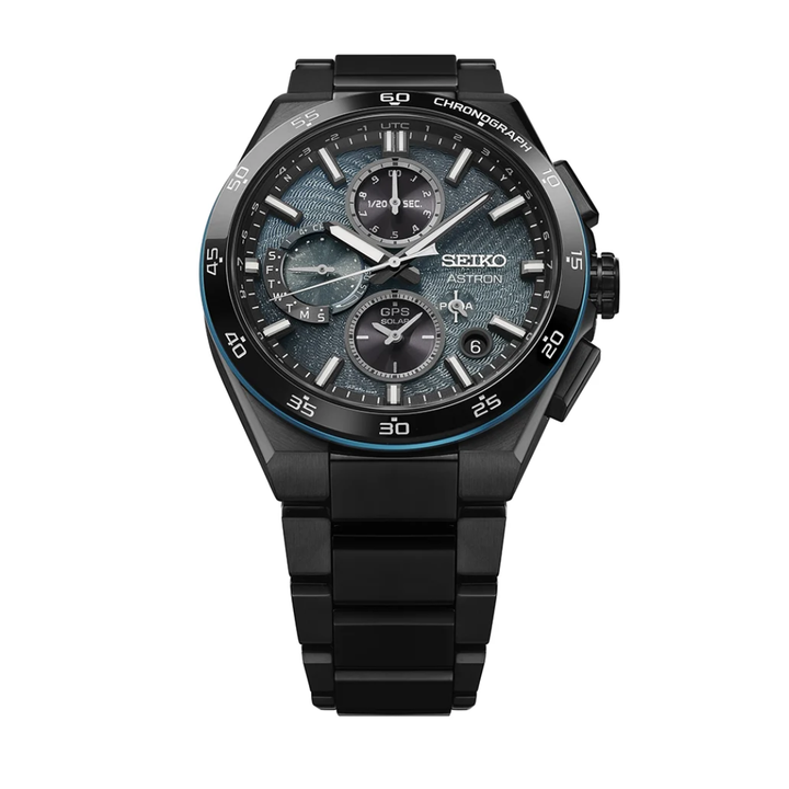 Seiko Astron SSH187J1 Spiral Galaxy GPS solar chronograph limited edition — dark turquoise blue textured spiral galaxy dial with three subdials, blue accent bezel ring, all-black titanium case and bracelet, front view