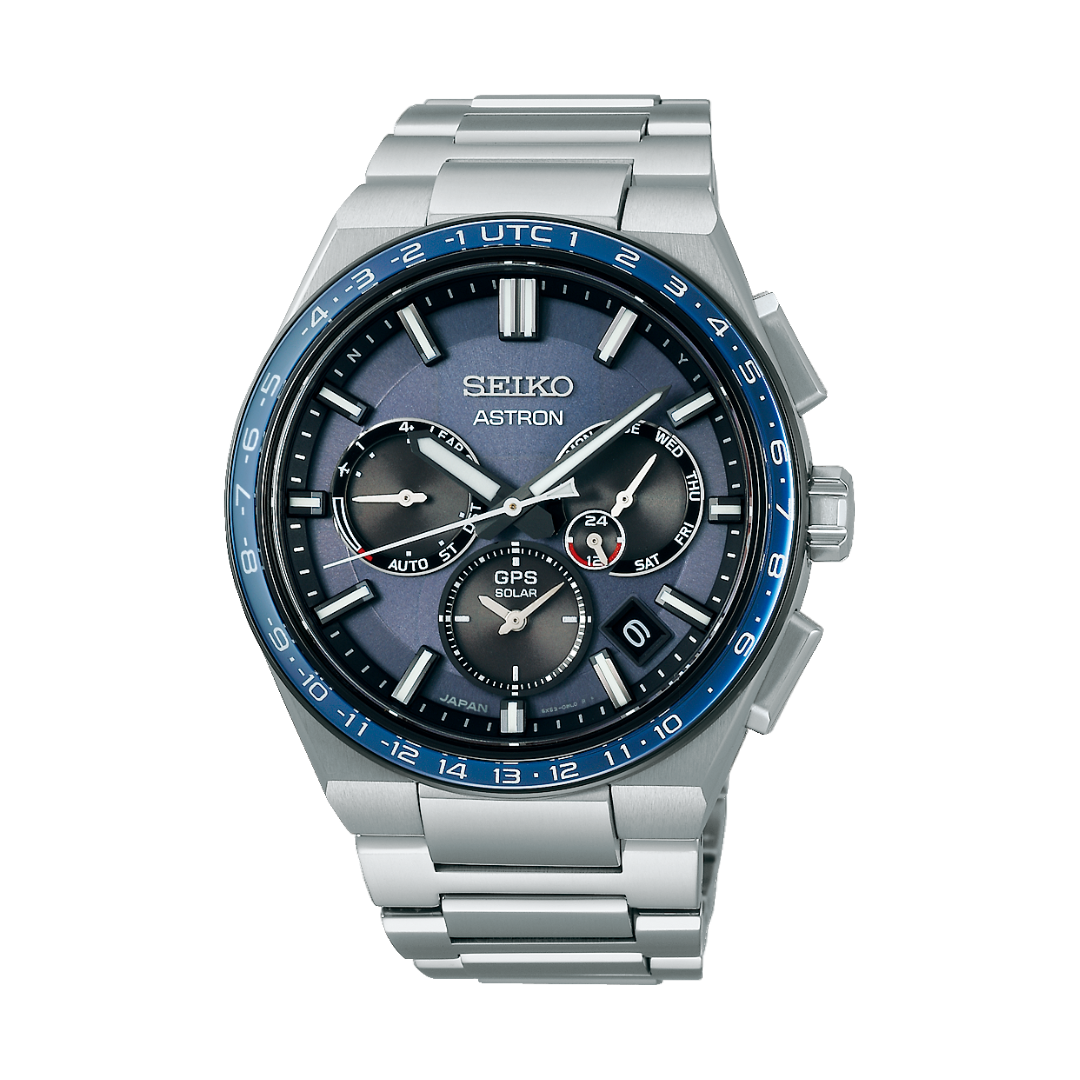 Seiko Astron SSH109J1 GPS Solar Dual-Time Chronograph Men’s Watch with blue dial and titanium case