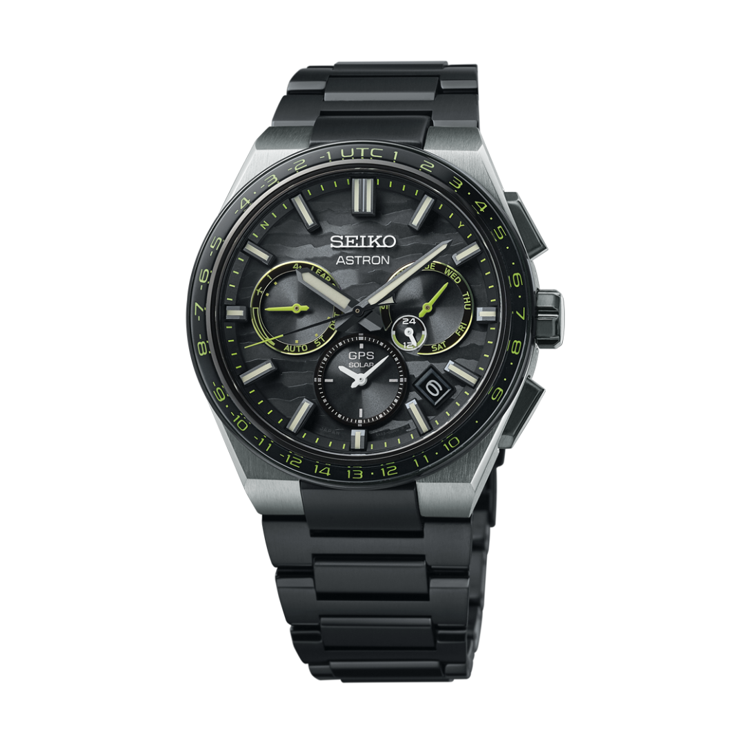 Seiko Astron SSH139J1 Cyber Yellow Limited Edition GPS Solar Men’s Watch with titanium case, black dial, and yellow accents