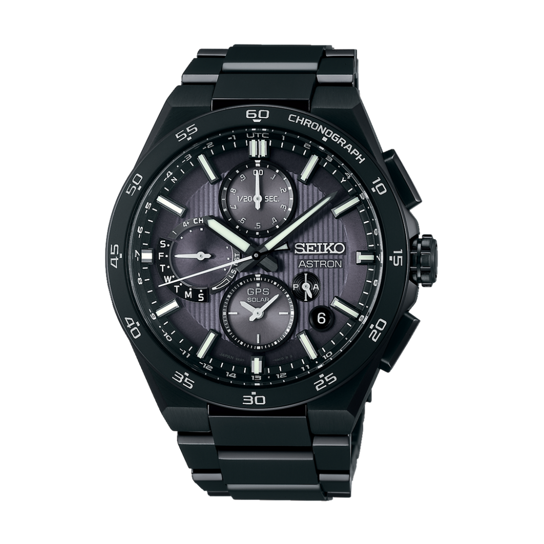 Seiko Astron SSH155J1 GPS Solar Chronograph Men’s Watch with black titanium case and ceramic bezel