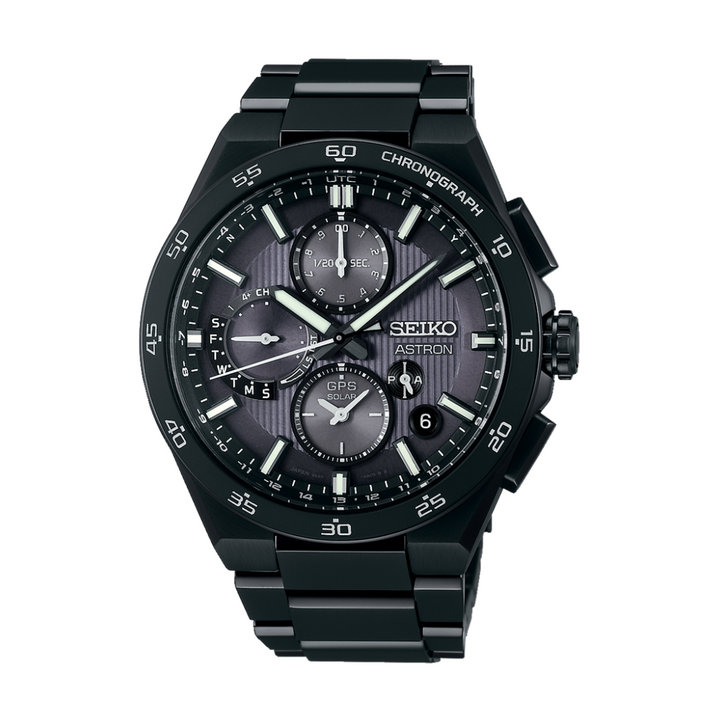 Seiko Astron SSH155J1 GPS Solar Chronograph Men’s Watch with black titanium case and ceramic bezel