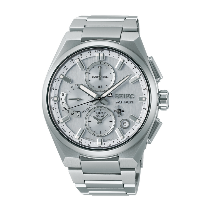 Seiko Astron SSH159J1 Dual-Time GPS Solar Chronograph Men’s Watch with silver dial and titanium bracelet