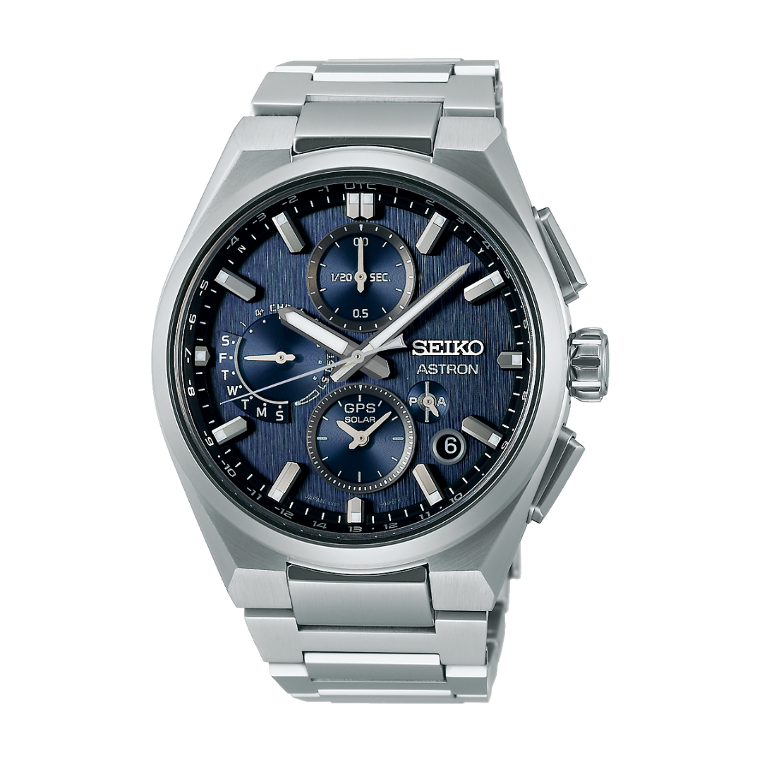 Seiko Astron SSH161J1 Dual-Time GPS Solar Chronograph Men’s Watch with blue dial and titanium case