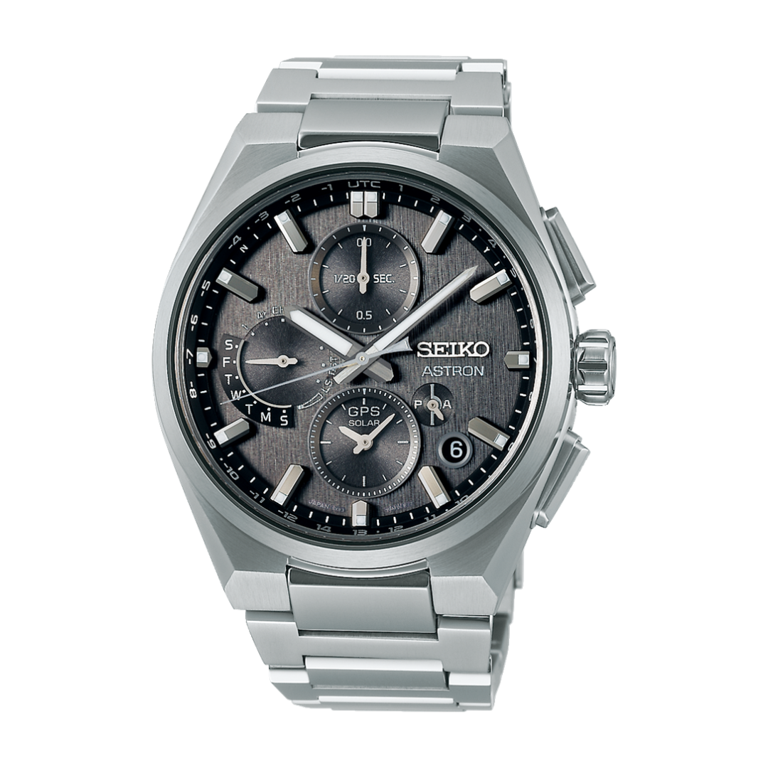 Seiko Astron SSH163J1 Dual-Time GPS Solar Chronograph Men’s Watch with charcoal dial and titanium case