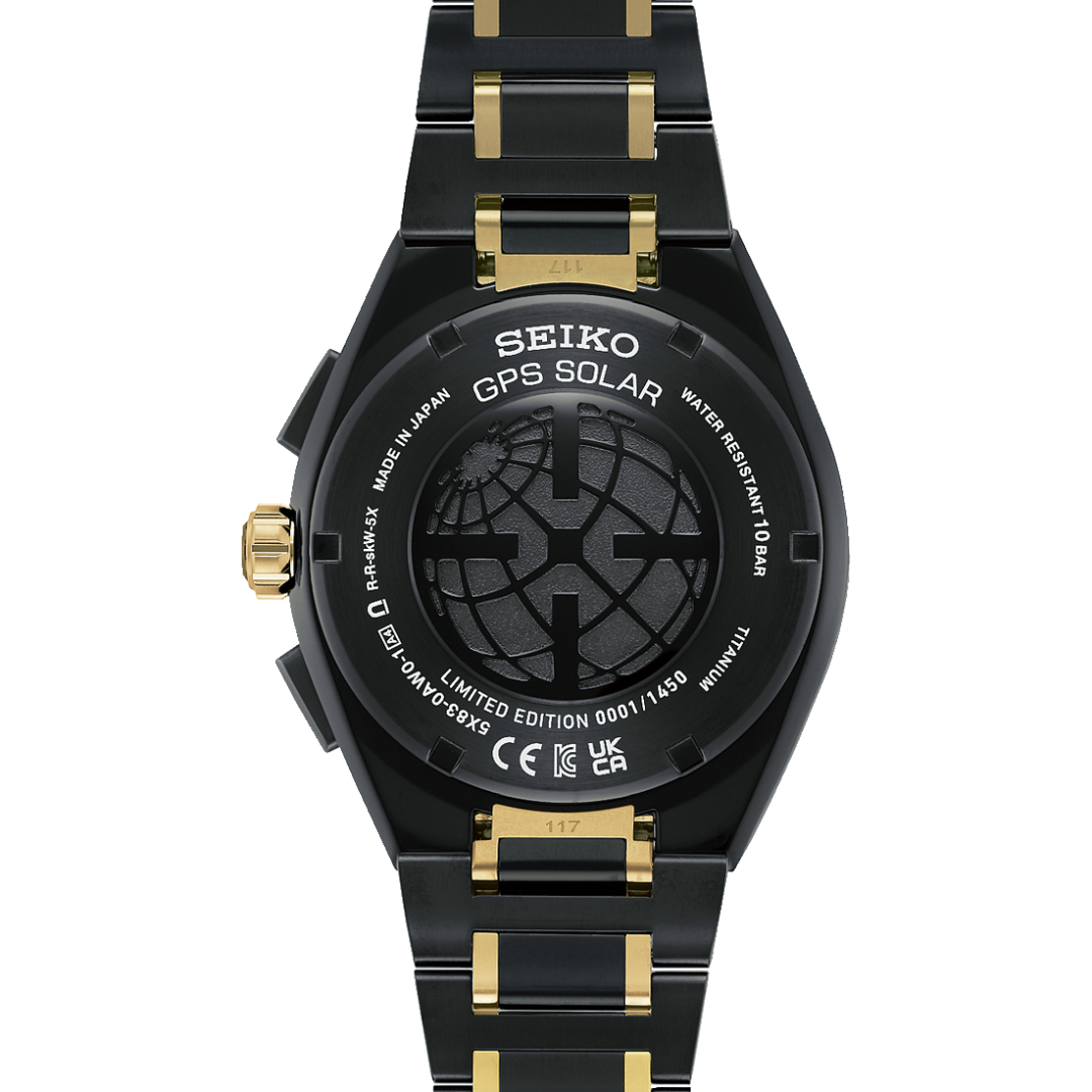 Seiko Astron SSH186J1 caseback — Limited Edition 0001/1450 engraving with GPS Solar globe motif, titanium case back, 10 BAR water resistant, Made in Japan