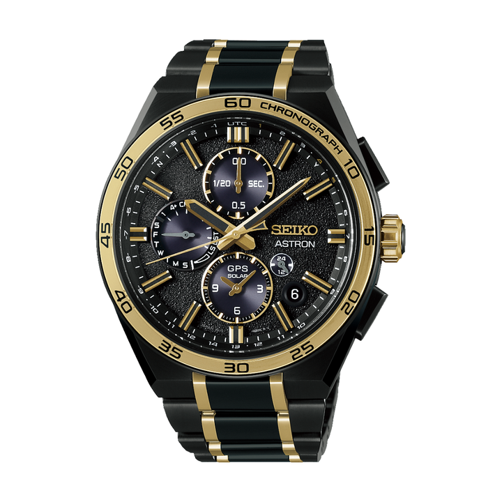 Seiko Astron SSH186J1 145th Anniversary GPS Solar limited edition — solar eclipse inspired black dial with gold-coloured indices and subdials, black and gold titanium bracelet, front view