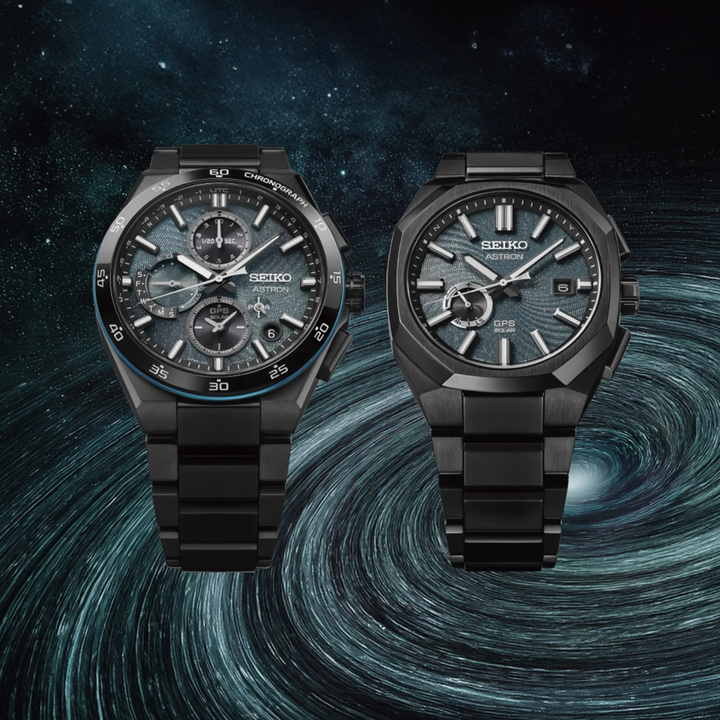 Seiko Astron Spiral Galaxy limited edition collection — SSH187J1 GPS solar chronograph and SSJ039J1 GPS solar with dark turquoise blue textured spiral galaxy dials and all-black titanium bracelets, space backdrop