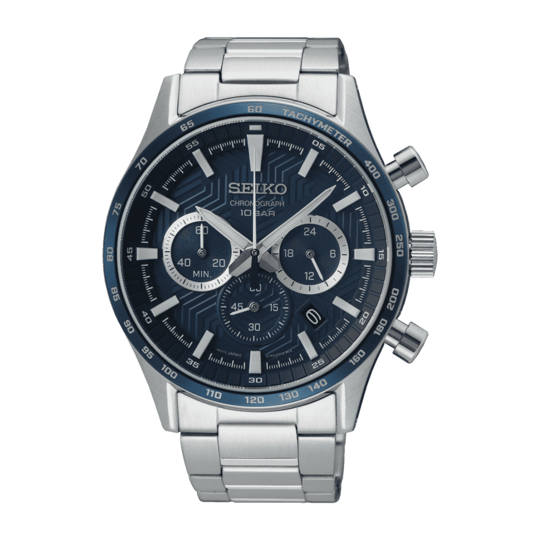 Seiko SSB445P1 chronograph quartz watch with blue dial, 43mm case, and sapphire crystal