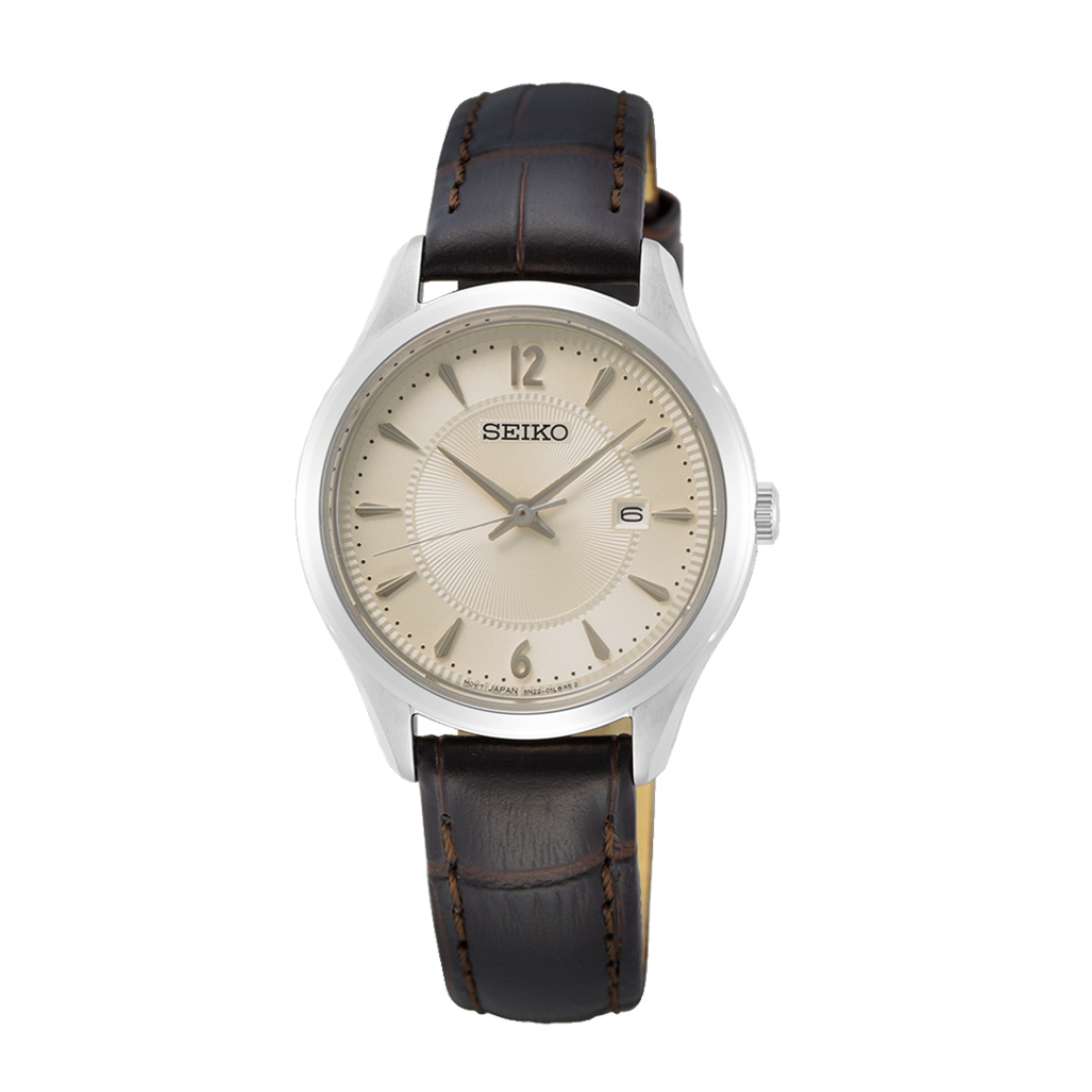 Seiko SUR427P1 Conceptual quartz watch with champagne dial, 29.9mm case, and brown leather strap