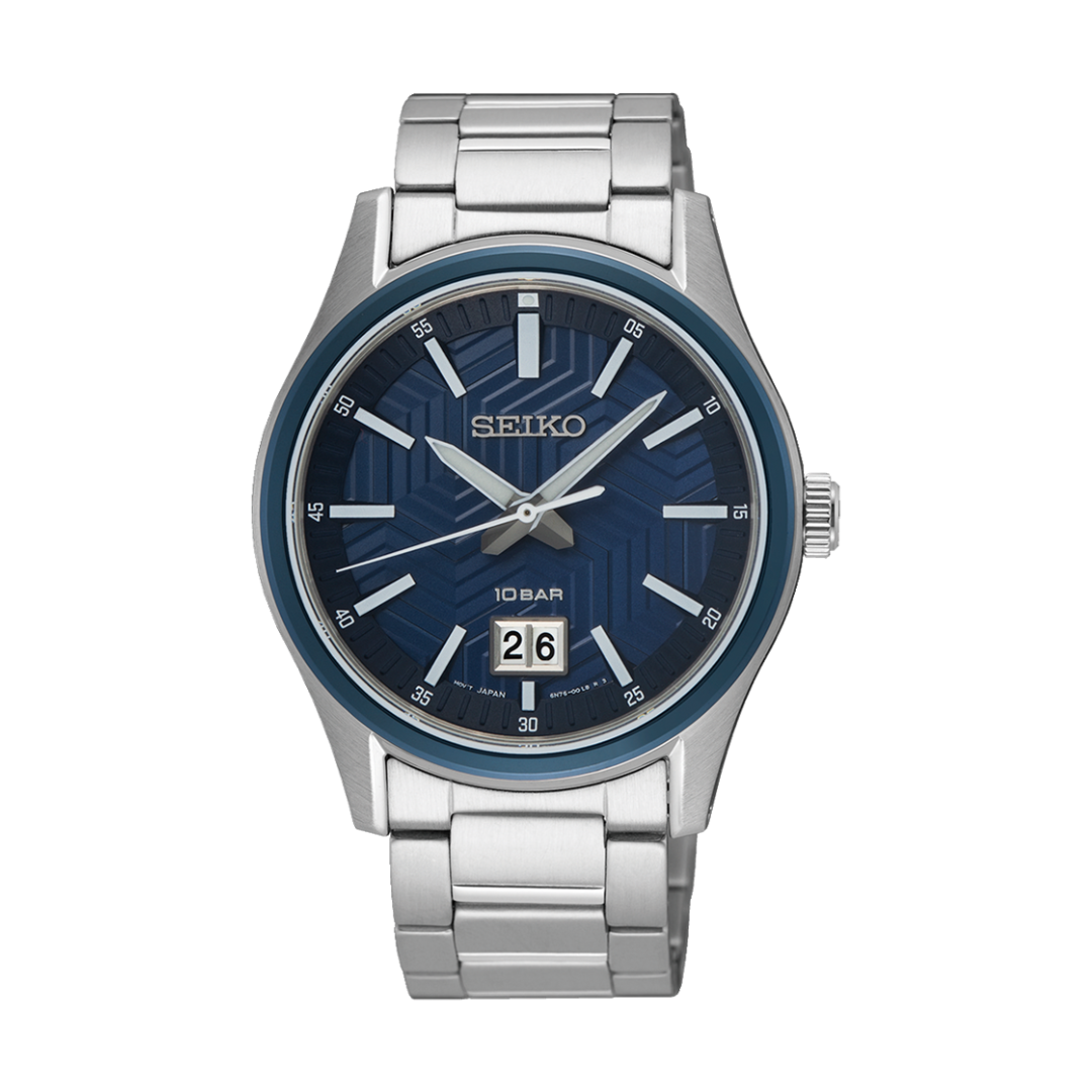 Seiko SUR559P1 Conceptual quartz watch with blue dial, 39.5mm case, and stainless steel bracelet