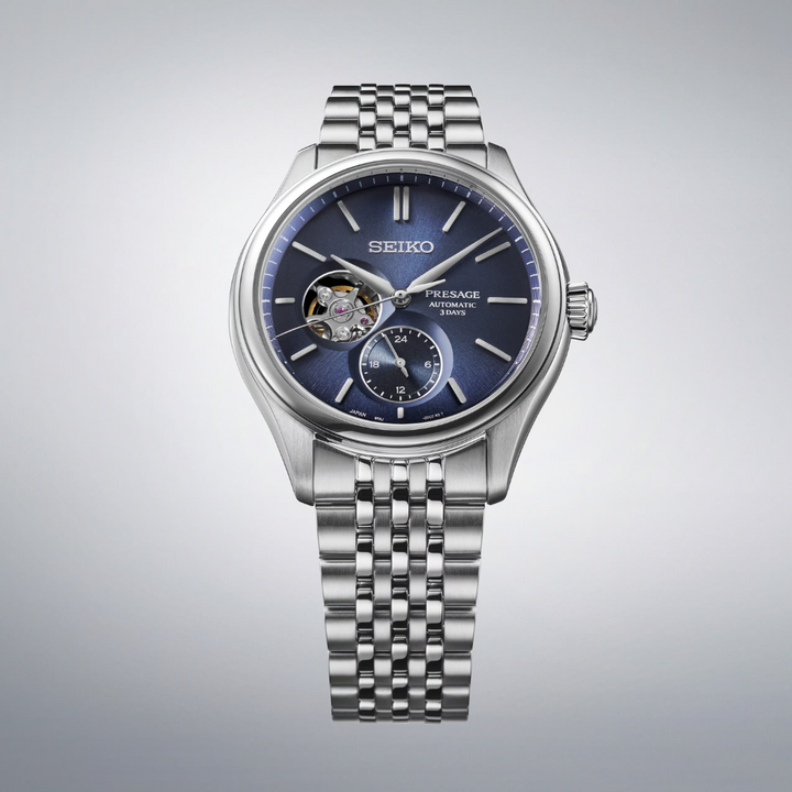 Seiko Presage SPB527J1 textured Japan Blue dial with curved sapphire crystal
