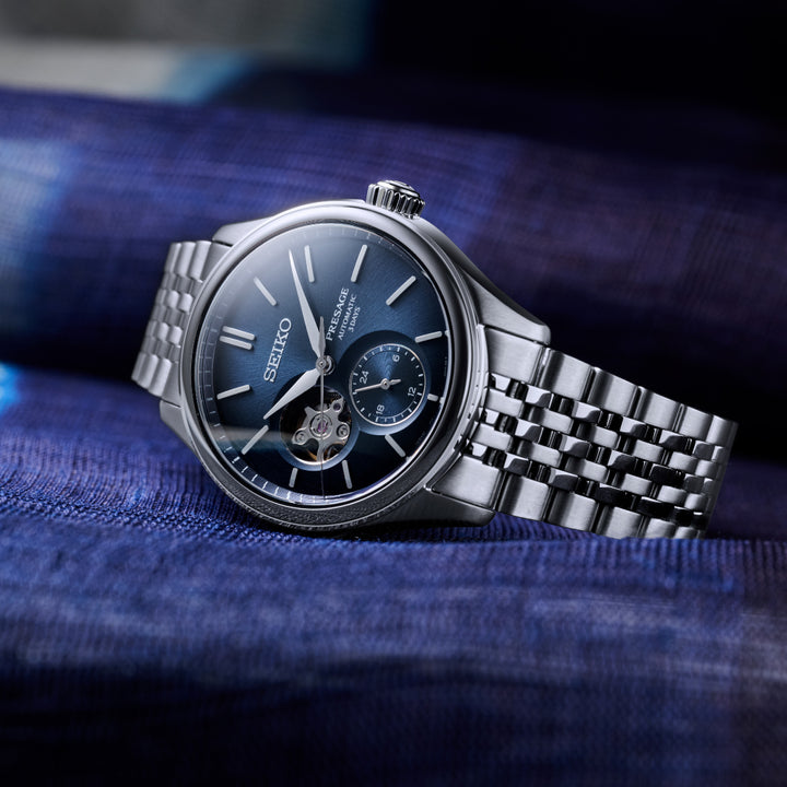 Seiko Presage SPB527J1 Ai-iro open-heart watch on wrist lifestyle shot