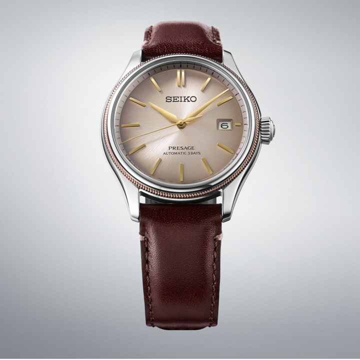 Seiko Presage SPB529J1 side view showing 40.2mm bronze case and dual-curved sapphire crystal