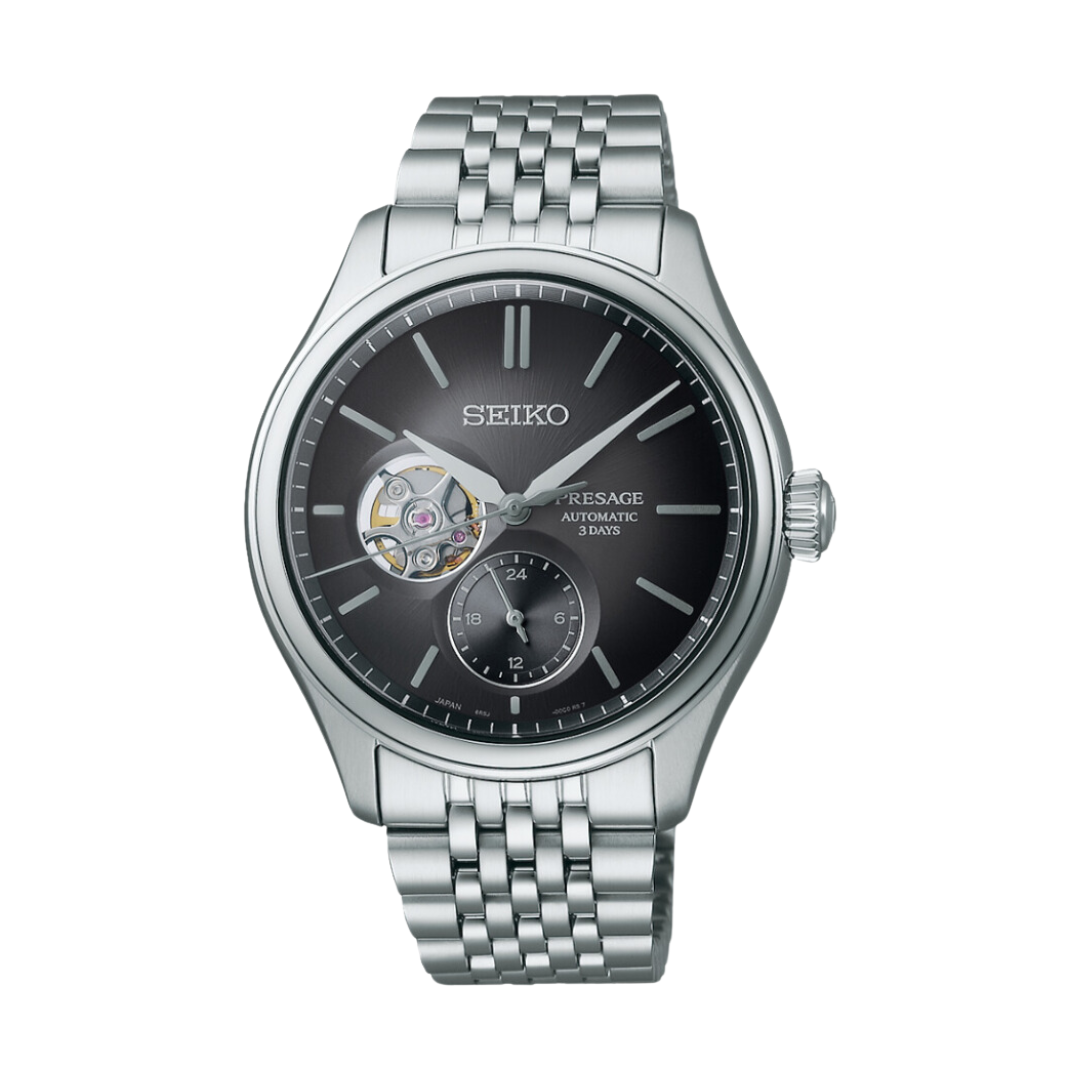 Seiko Presage SPB471J1 Classic open heart automatic with Sumi-iro black dial and steel bracelet