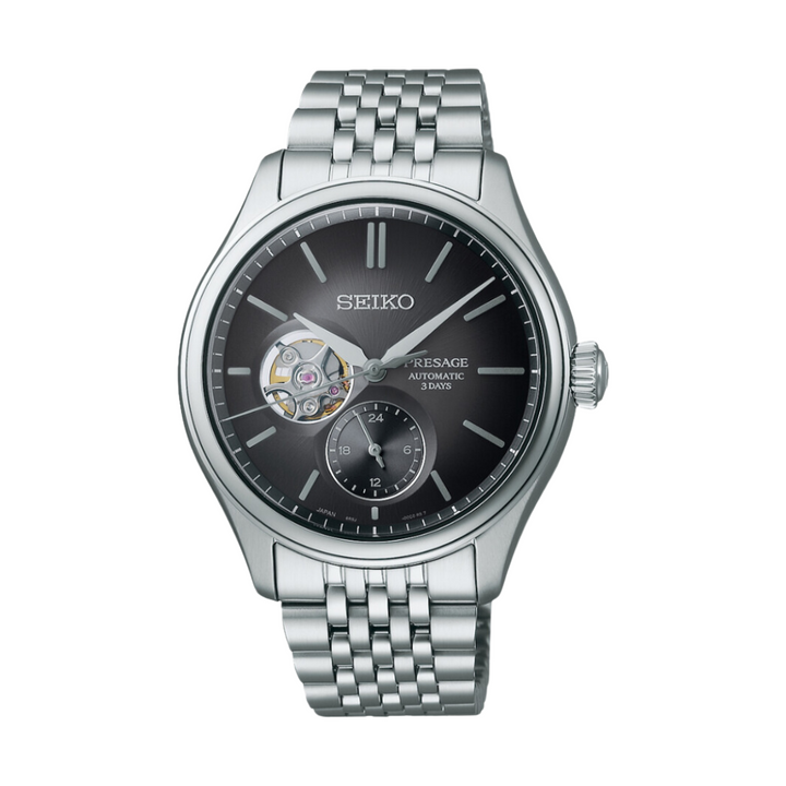 Seiko Presage SPB471J1 Classic open heart automatic with Sumi-iro black dial and steel bracelet