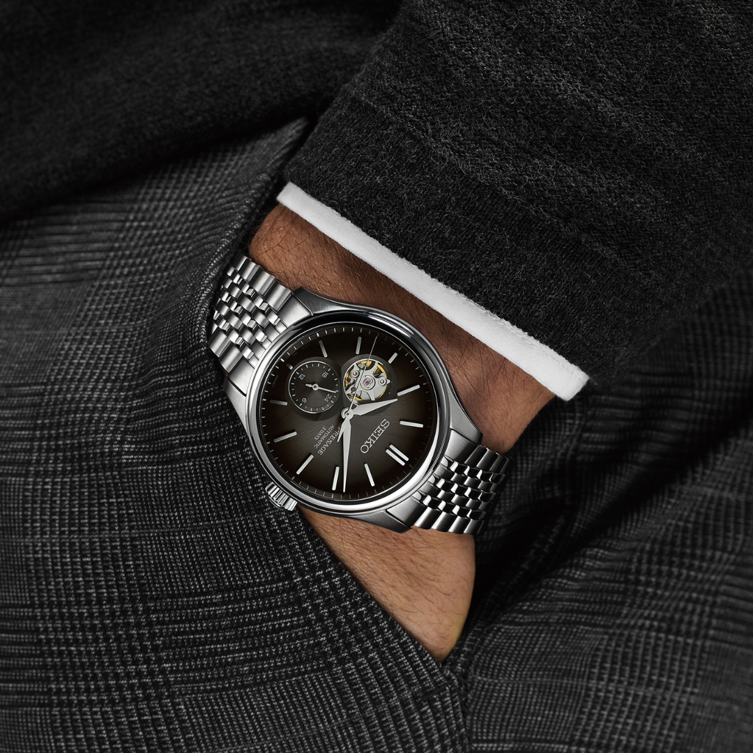 Seiko Presage SPB471J1 side view showing 40.2mm case with super hard coating and sapphire crystal
