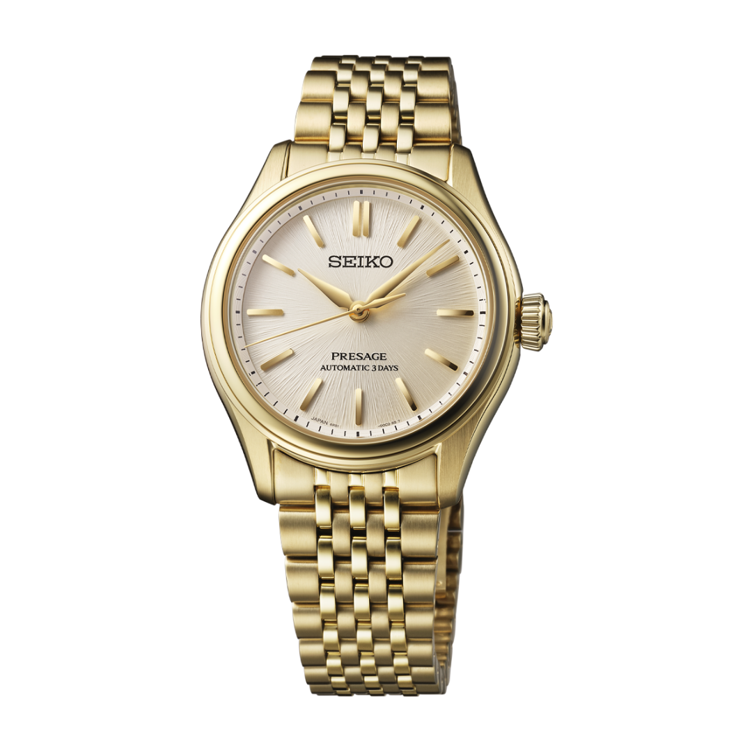 Seiko Presage SPB524J1 automatic watch gold-tone case white dial 36mm