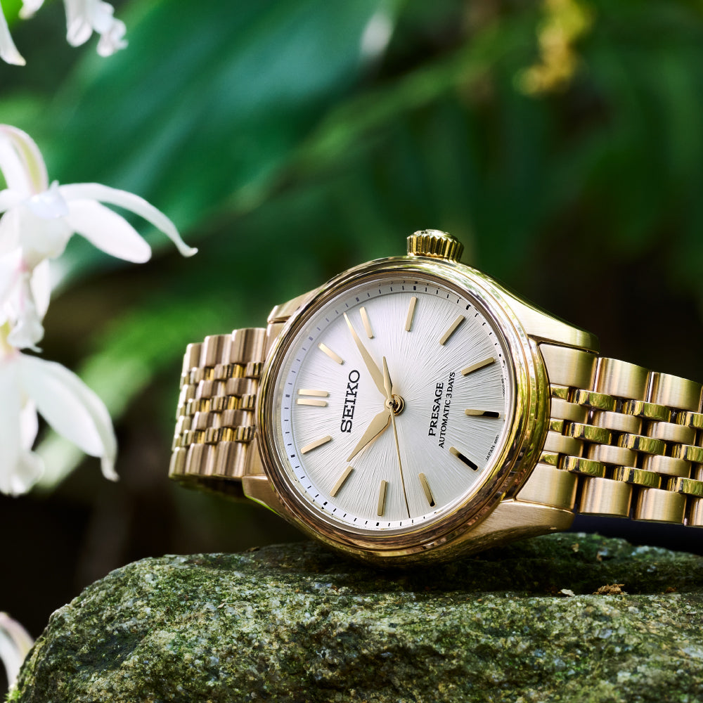 Seiko Presage SPB524J1 gold-tone white dial automatic watch lifestyle shot