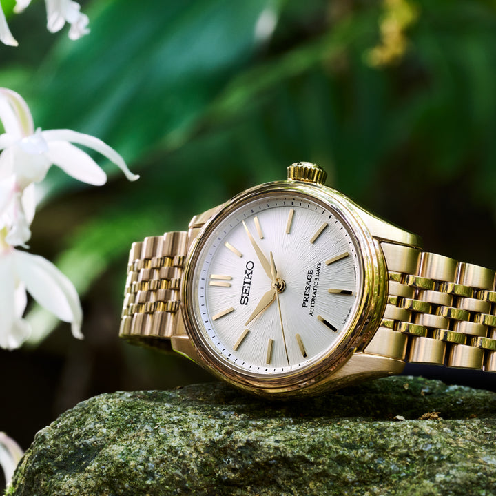 Seiko Presage SPB524J1 gold-tone white dial automatic watch lifestyle shot