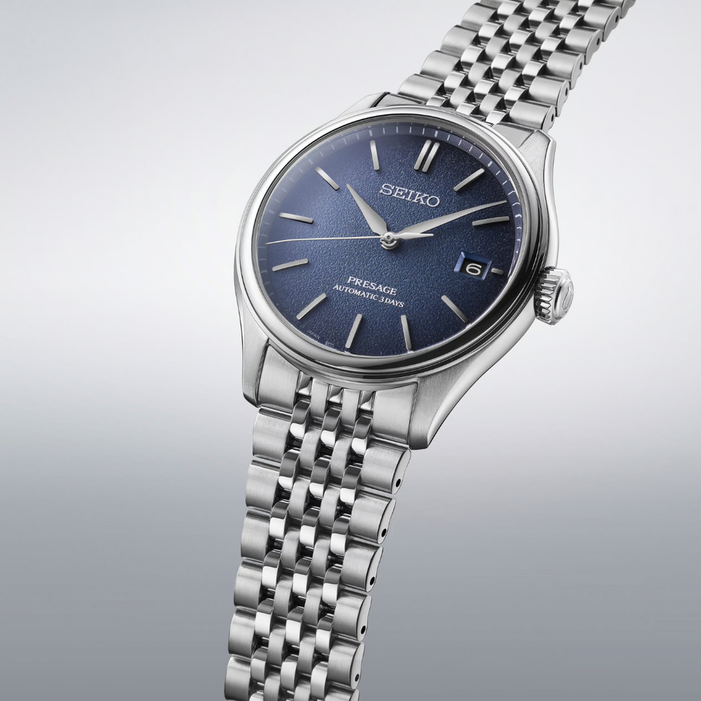 Seiko Presage SPB525J1 close-up showing Japan Blue dial with dual-curved sapphire crystal