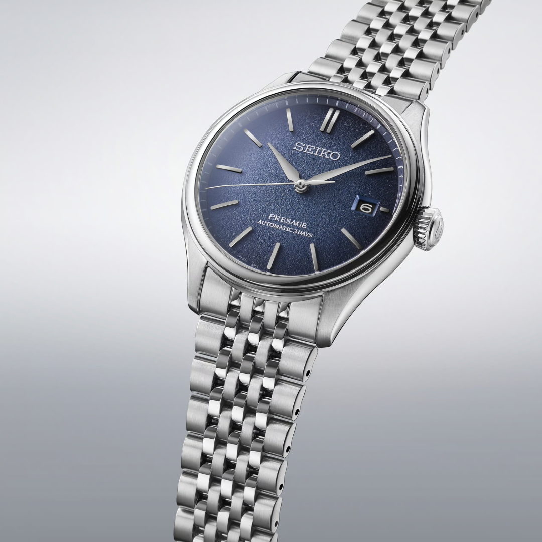 Seiko Presage SPB525J1 close-up showing Japan Blue dial with dual-curved sapphire crystal