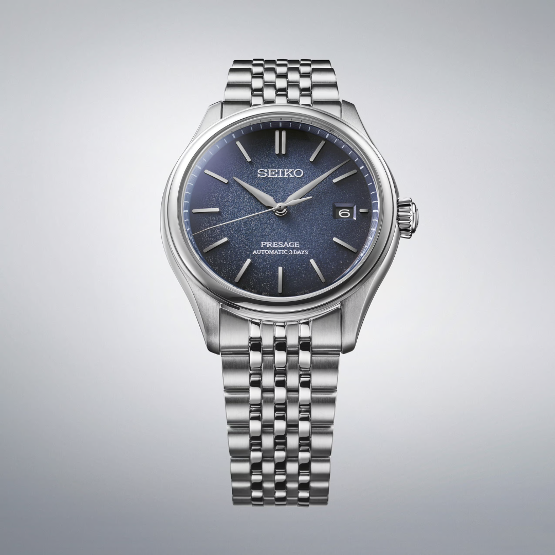 Seiko Presage SPB525J1 Ai-iro dial with curved hands and indices inspired by vintage design