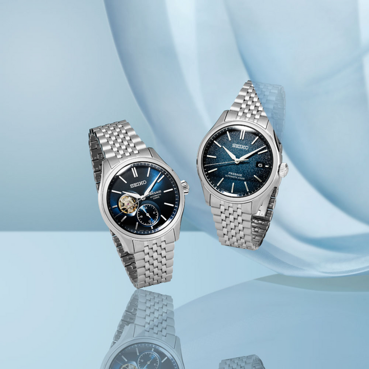 Seiko Presage open-heart collection SPB527J1 blue dial and SPB525J1 comparison