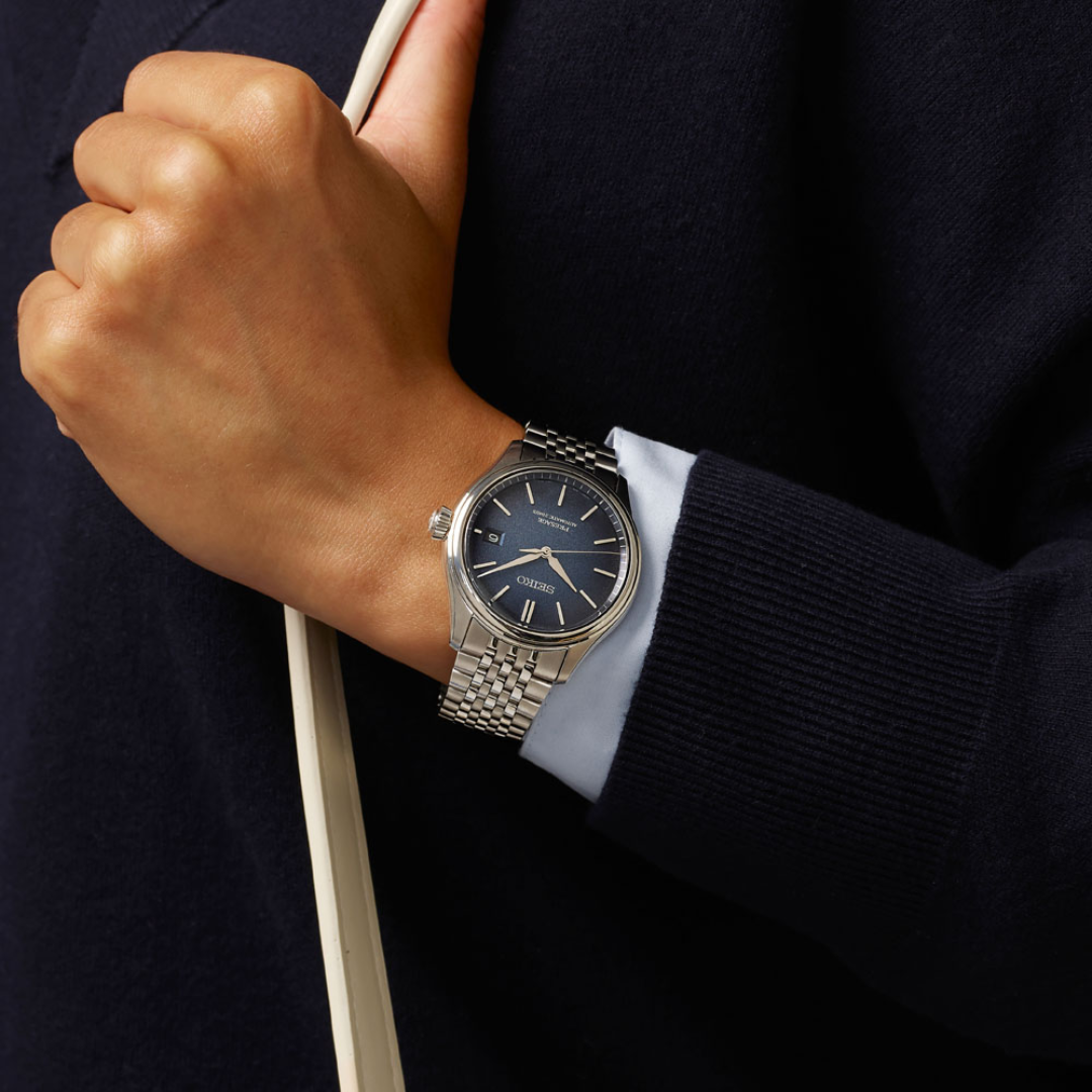 Seiko Presage SPB525J1 exhibition caseback showing 6R55 automatic movement with 72hr reserve