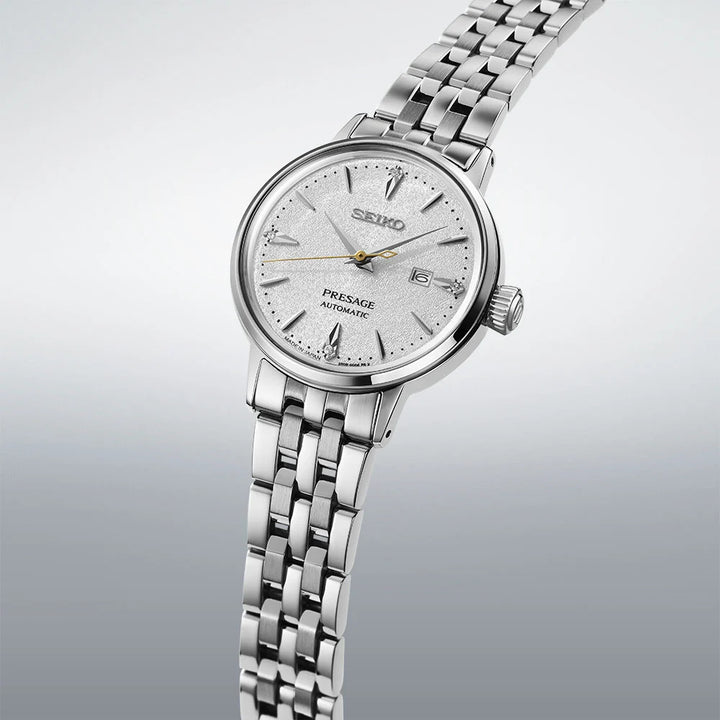 Seiko SRE017J1 Cocktail Time silver dial detail with four genuine diamond hour markers
