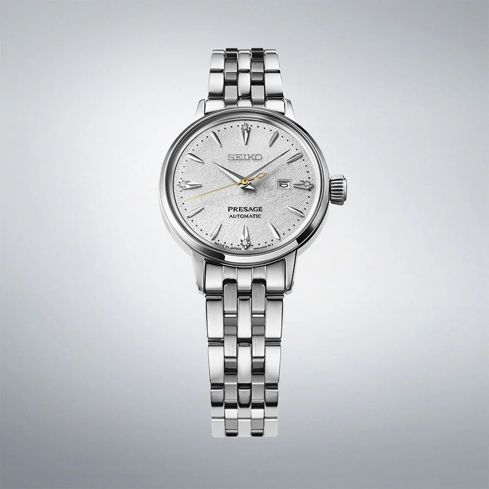 Seiko Presage SRE017J1 side view showing 30.1mm case and polished stainless steel bracelet