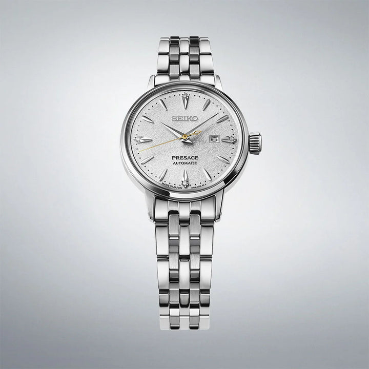 Seiko Presage SRE017J1 side view showing 30.1mm case and polished stainless steel bracelet