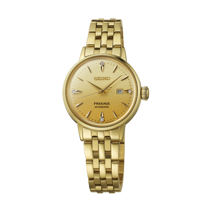Seiko Presage SRE018J1 Cocktail Time automatic watch with gold sunray dial and diamond markers
