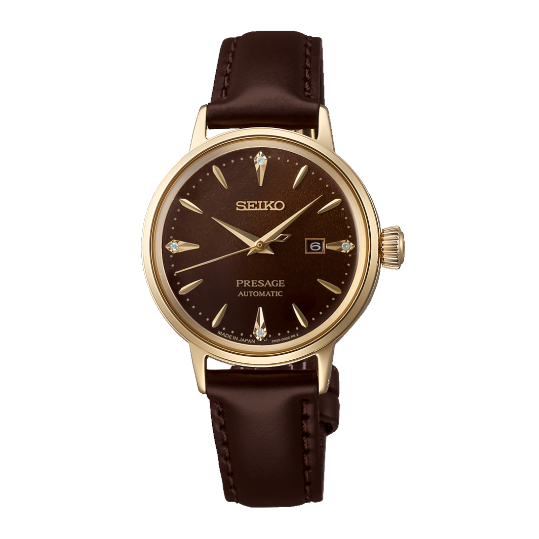 Seiko Presage SRE020J1 Cocktail Time automatic women's watch — brown textured dial with diamond-set hour markers, date display, gold-tone case, and dark brown leather strap, front view