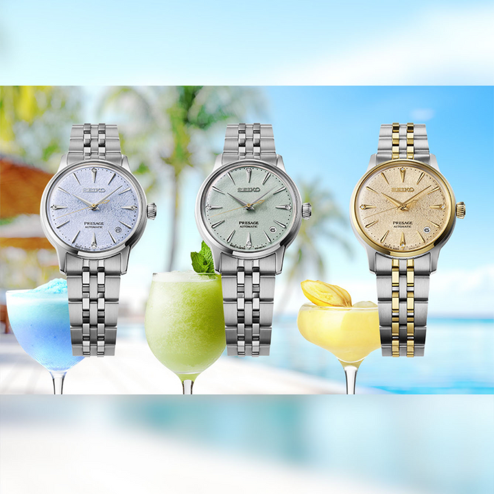 Seiko Presage Cocktail Time collection SRPL61 blue SRPL63 green SRPL64 yellow