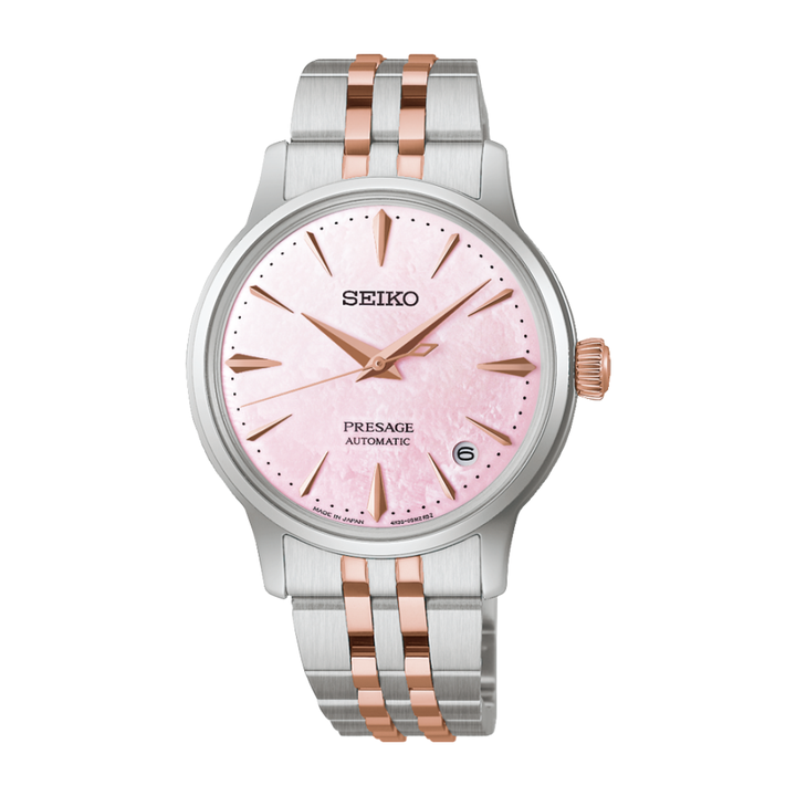 Seiko Presage SRPM06J1 Cocktail Time Sakura Aviation limited edition — pink mother-of-pearl dial with rose gold crown, hands and indices, two-tone silver and rose gold stainless steel bracelet, front view