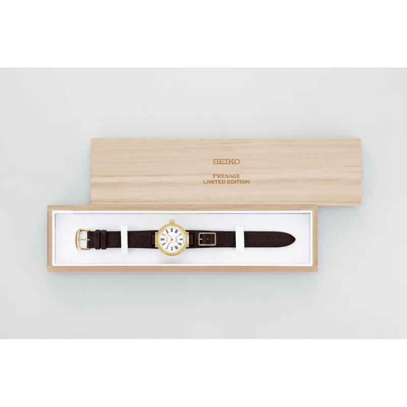 Seiko Presage SPB538J1 145th Anniversary limited edition in special paulownia wood presentation box — Seiko Presage Limited Edition engraving on lid, white enamel dial watch inside