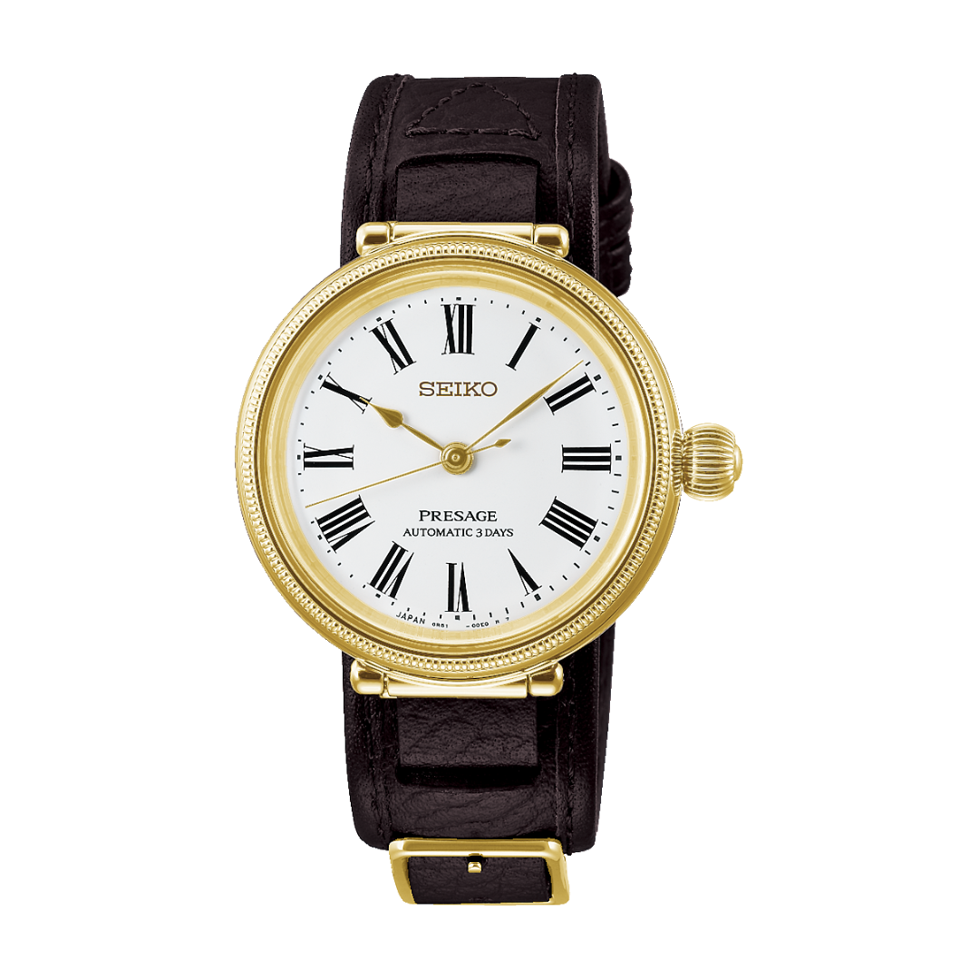 Seiko Presage SPB538J1 Classic 145th Anniversary limited edition — white hand-enamelled dial with Roman numerals, Automatic 3 Days text, gold-coloured millegrain case and pull-through brown leather strap, front view