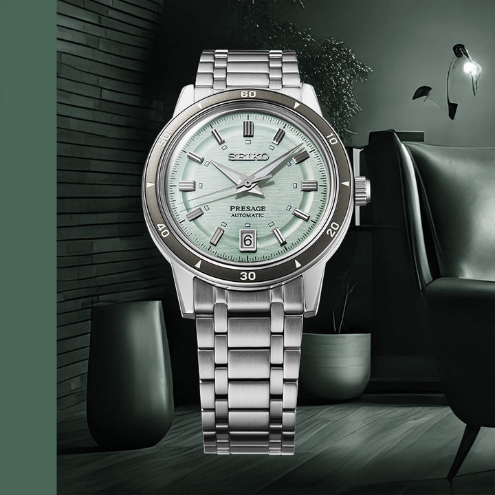 Seiko SRPL71J1 mint green dial with date display and retro aesthetics