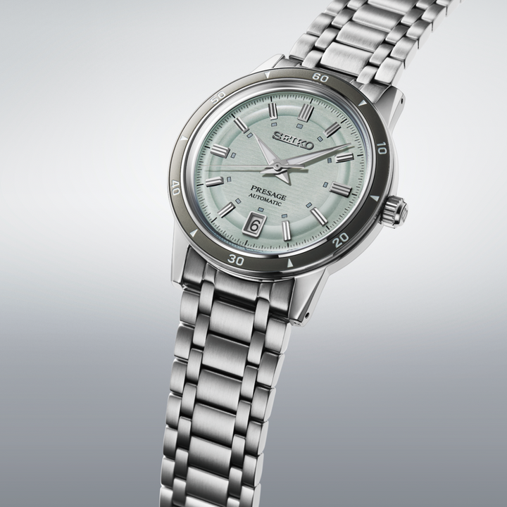 Seiko Presage SRPL71J1 box-shaped Hardlex crystal vintage design detail