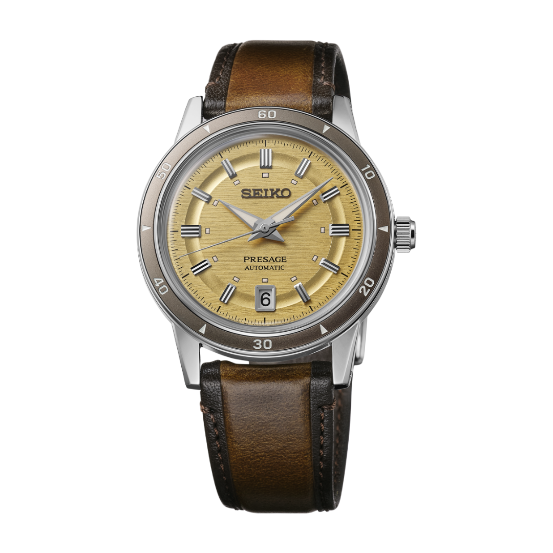 Seiko Presage SRPL75J1 automatic watch golden yellow dial 39.5mm brown leather strap