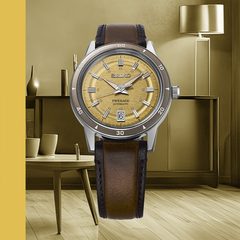 Seiko SRPL75J1 golden yellow dial with date display and retro aesthetics