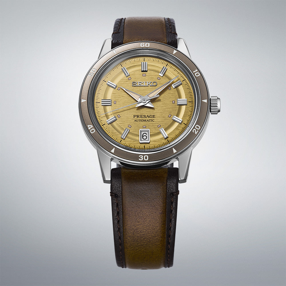 Seiko SRPL75J1 Style 60s brown leather strap with golden yellow dial