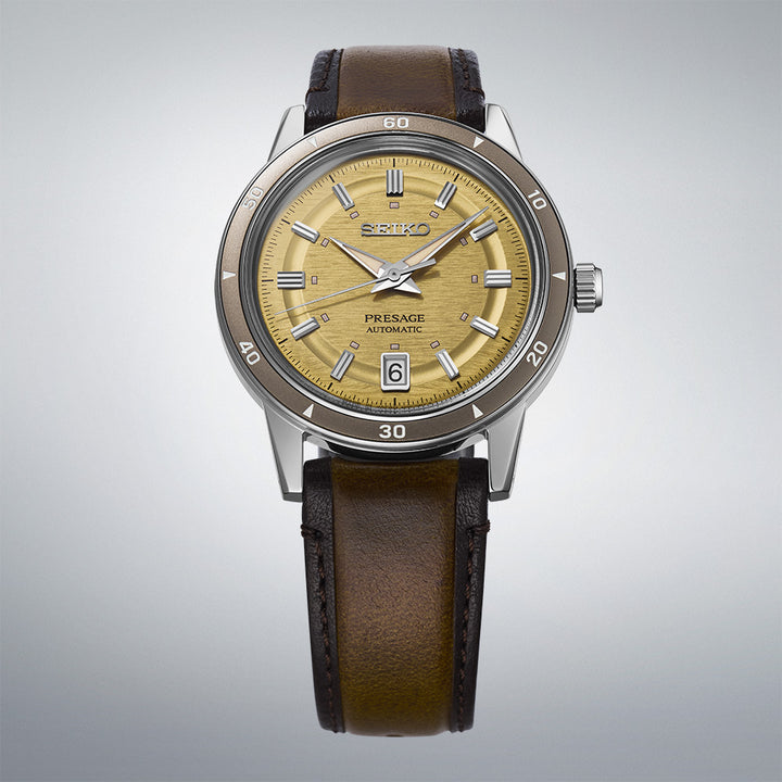 Seiko SRPL75J1 Style 60s brown leather strap with golden yellow dial