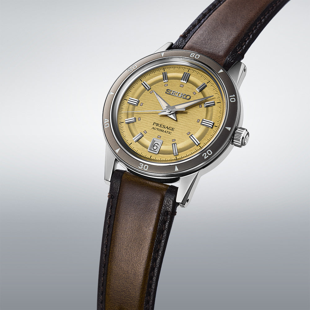 Seiko Presage SRPL75J1 box-shaped Hardlex crystal vintage design detail