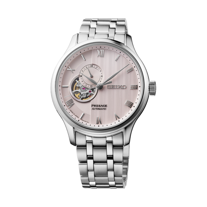 Seiko Presage SSA465J1 Zen Garden automatic watch with pale pink dial and 24-hour sub-dial