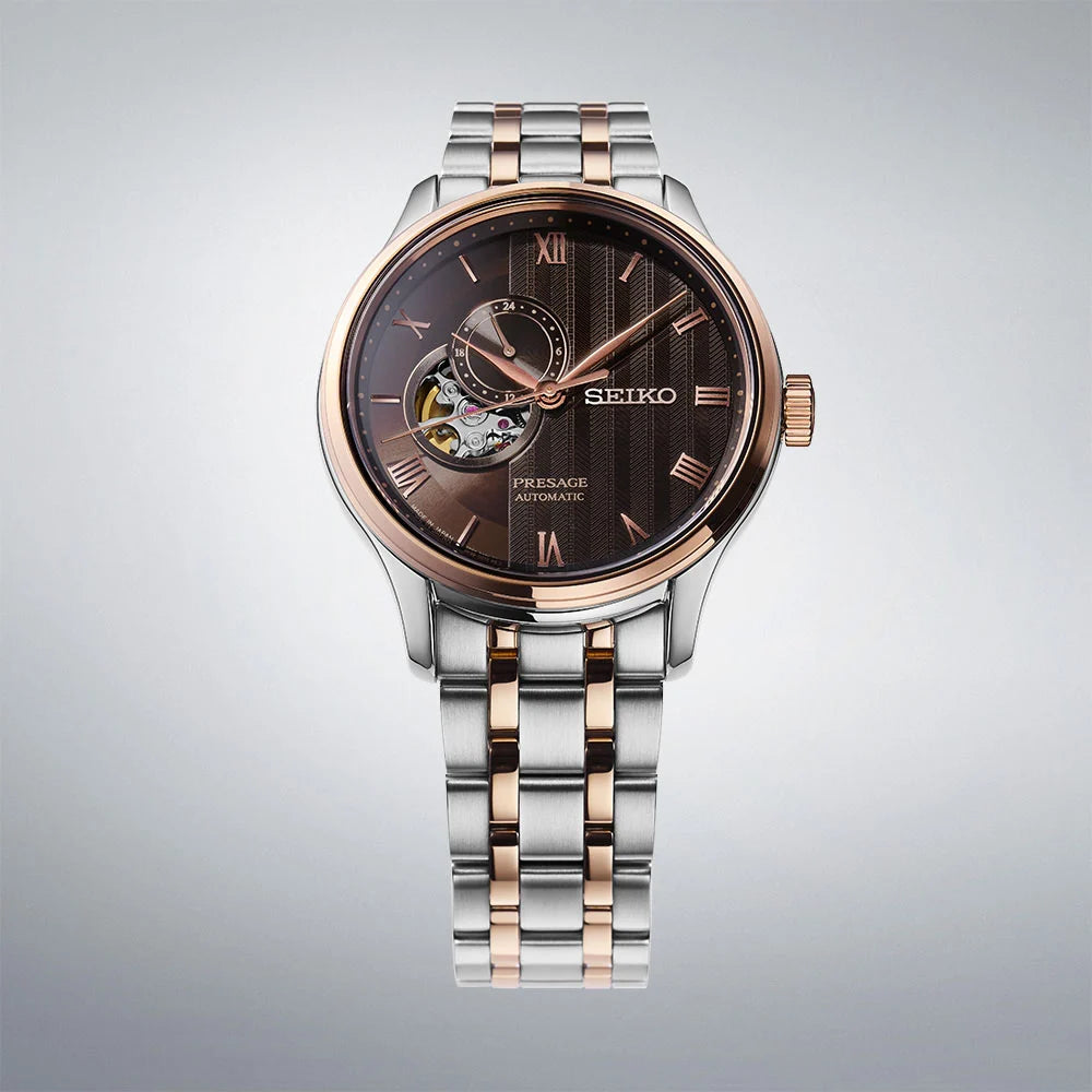 Seiko Presage SSA466J1 close-up showing textured brown dial with rose gold Roman numerals