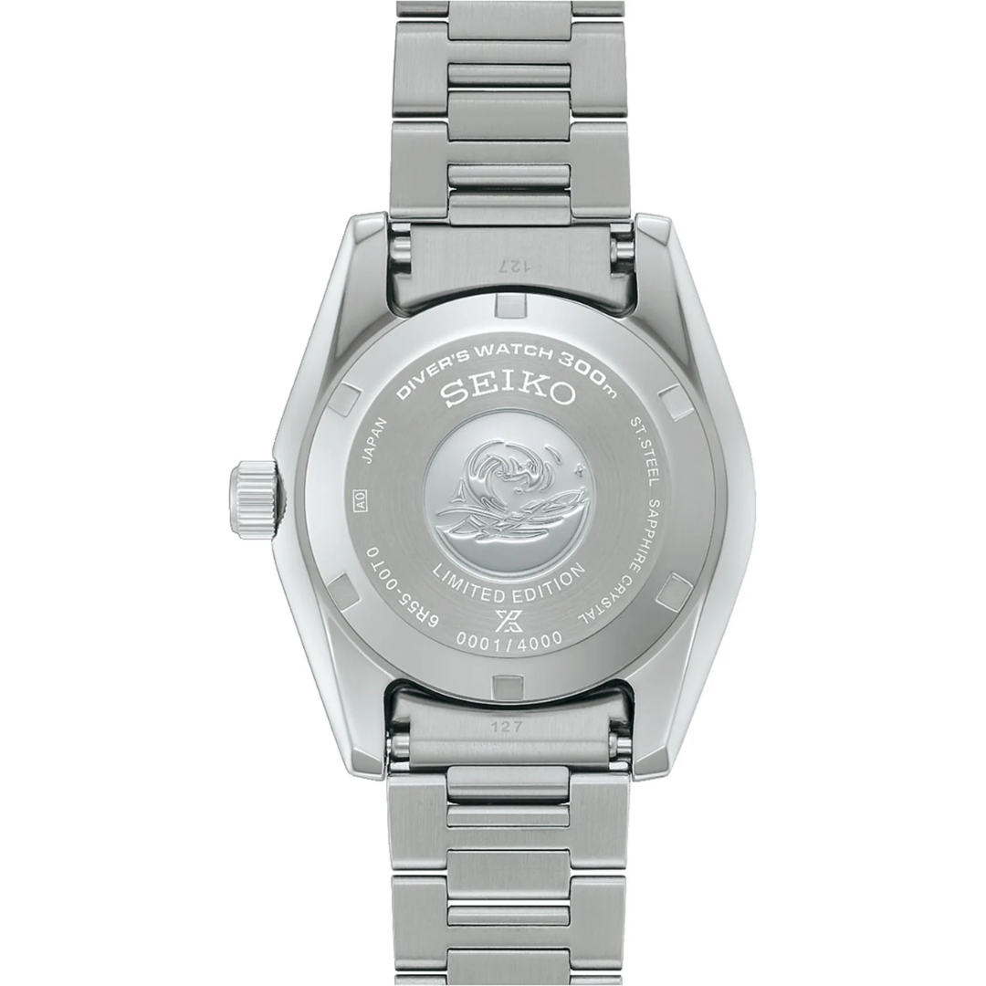 Seiko Prospex SPB545J1 caseback — Limited Edition 0001/4000 engraving with Save the Ocean motif, Diver&
