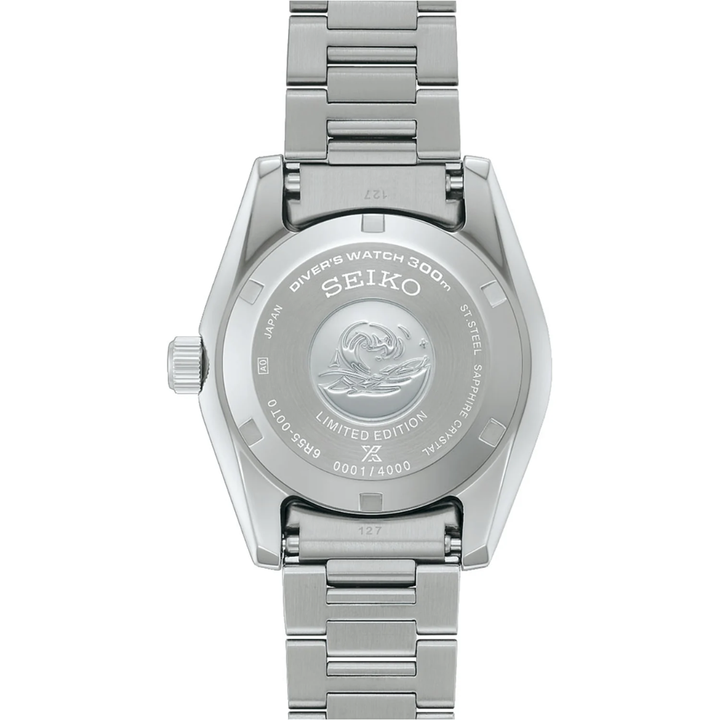Seiko Prospex SPB545J1 caseback — Limited Edition 0001/4000 engraving with Save the Ocean motif, Diver&