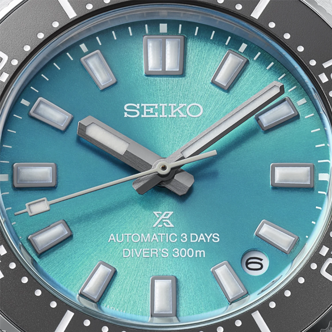 Seiko Prospex SPB545J1 dial close-up — teal blue sunray dial with rectangular LumiBrite hour markers, Automatic 3 Days Diver&