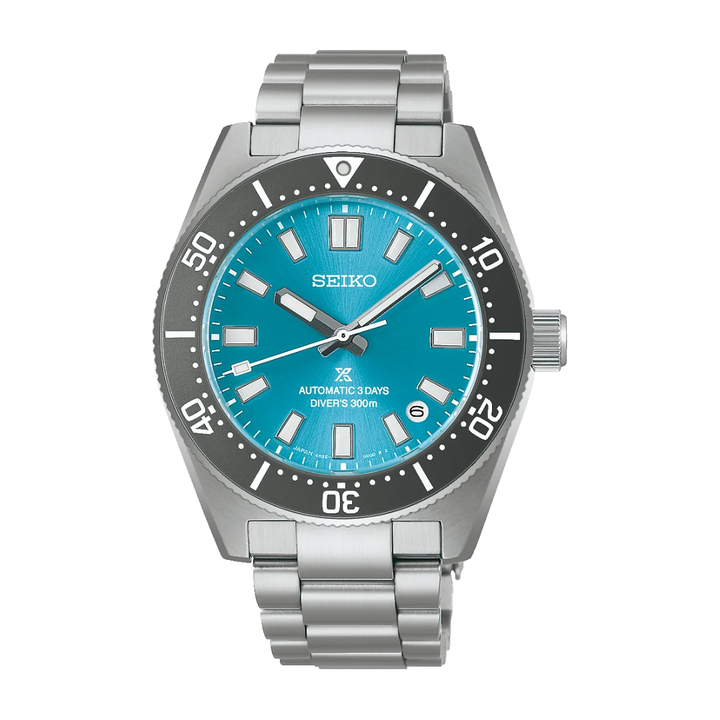 Seiko Prospex SPB545J1 1965 Heritage Save the Ocean limited edition — teal blue sunray dial with LumiBrite indices, grey rotating bezel, stainless steel case and bracelet, front view